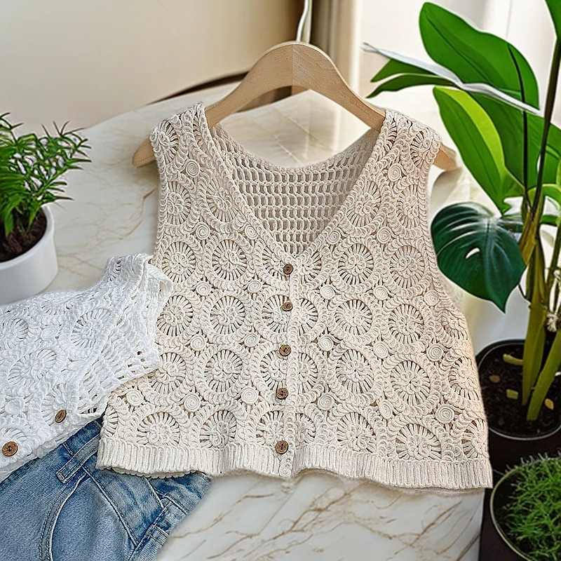 法式V领无袖钩花背心马甲女夏季2023年新款韩版显瘦百搭外穿上衣