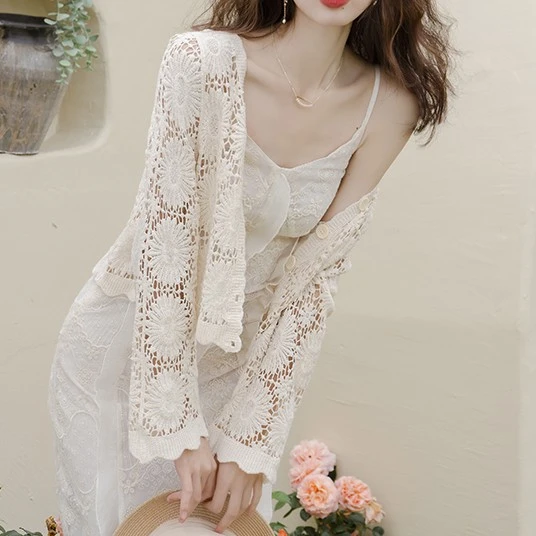 薄款复古春夏款太阳花镂空v领开衫小衫针织长袖外套女钩花沙滩