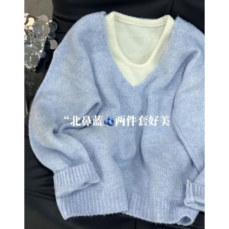 Baby蓝两件套V领毛衣女叠穿针织背心秋冬新款高级感洋气减龄上衣