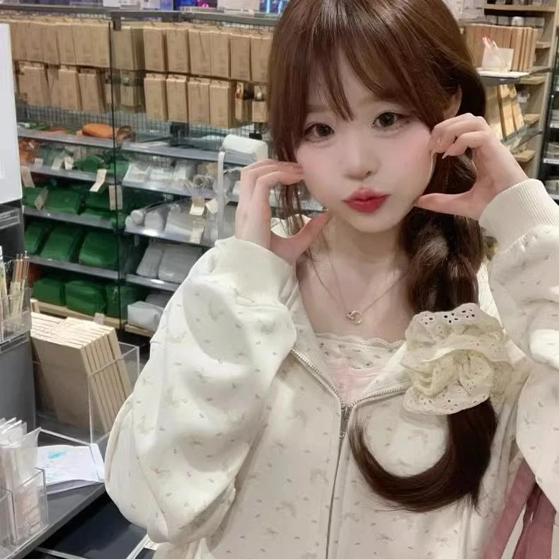 蝴蝶结碎花卫衣外套女春秋连帽韩系时尚穿搭休闲百搭薄款开衫上衣