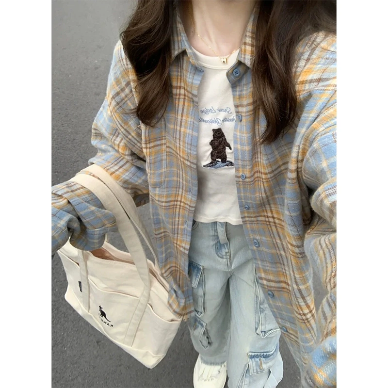格子衬衫上衣女设计感高级2024早春新款韩系复古防晒衬衣外套上衣