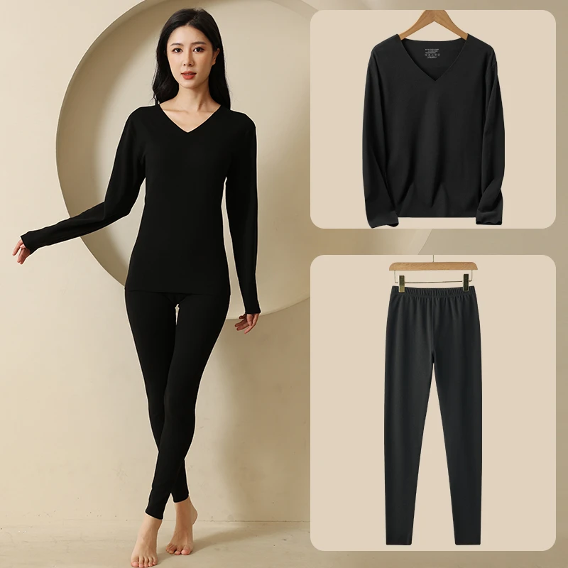 保暖内衣女士修身双面加绒无痕超薄纯色加热贴身秋衣秋裤套装