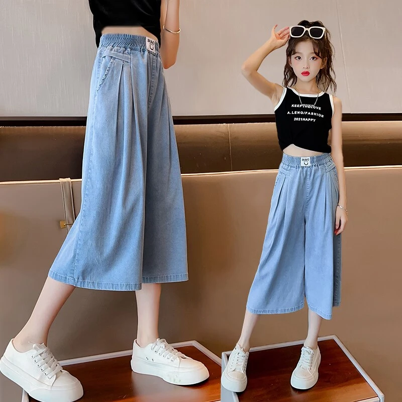 女童裤子夏季薄款儿童七分裤天丝牛仔阔腿裤外穿短裤夏装中大童潮