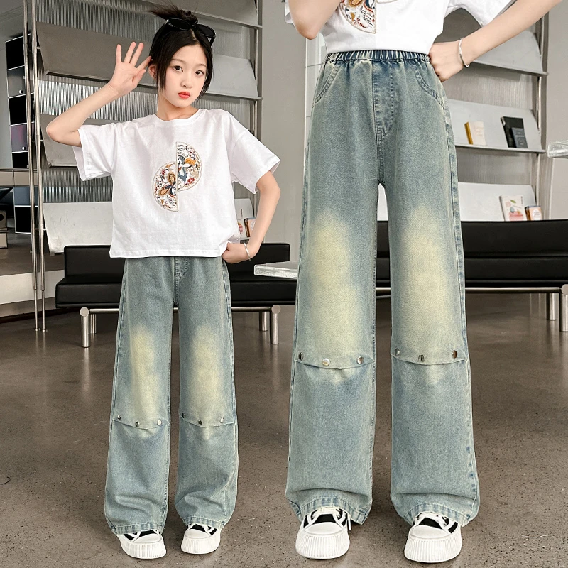 2024新款女童裤子夏季薄款儿童牛仔裤夏款阔腿裤中大童女孩夏装潮