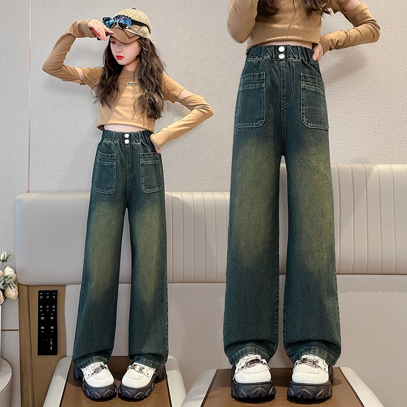 女童牛仔阔腿裤春秋款儿童裤子秋季新款外穿长裤春秋装洋气中大童