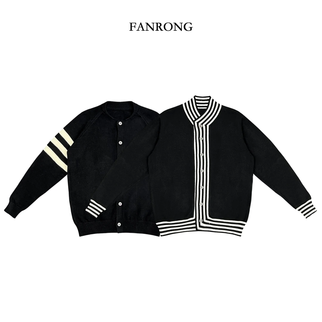 秋冬高级感条纹毛衣重磅拼色开衫黑色立领复古上衣针织衫外套男士