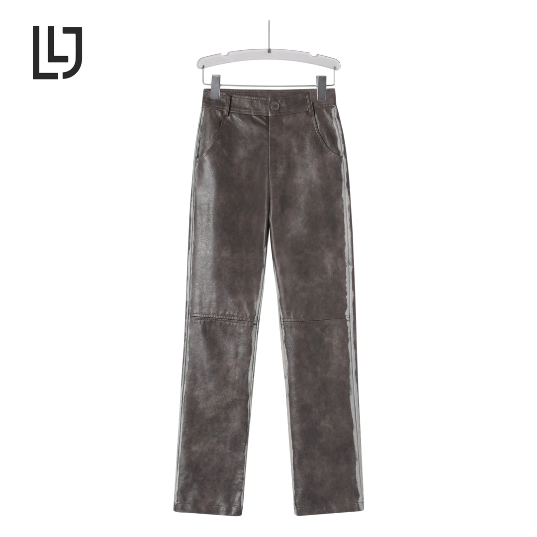 2024春季新款复古美式百搭高街宽松运动水洗显瘦气质皮裤PK2303