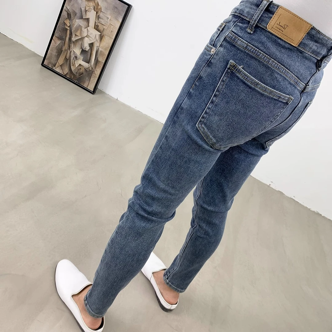 2025年新款小脚复古九分牛仔裤男修身弹力蓝色秋季潮牌铅笔长裤子