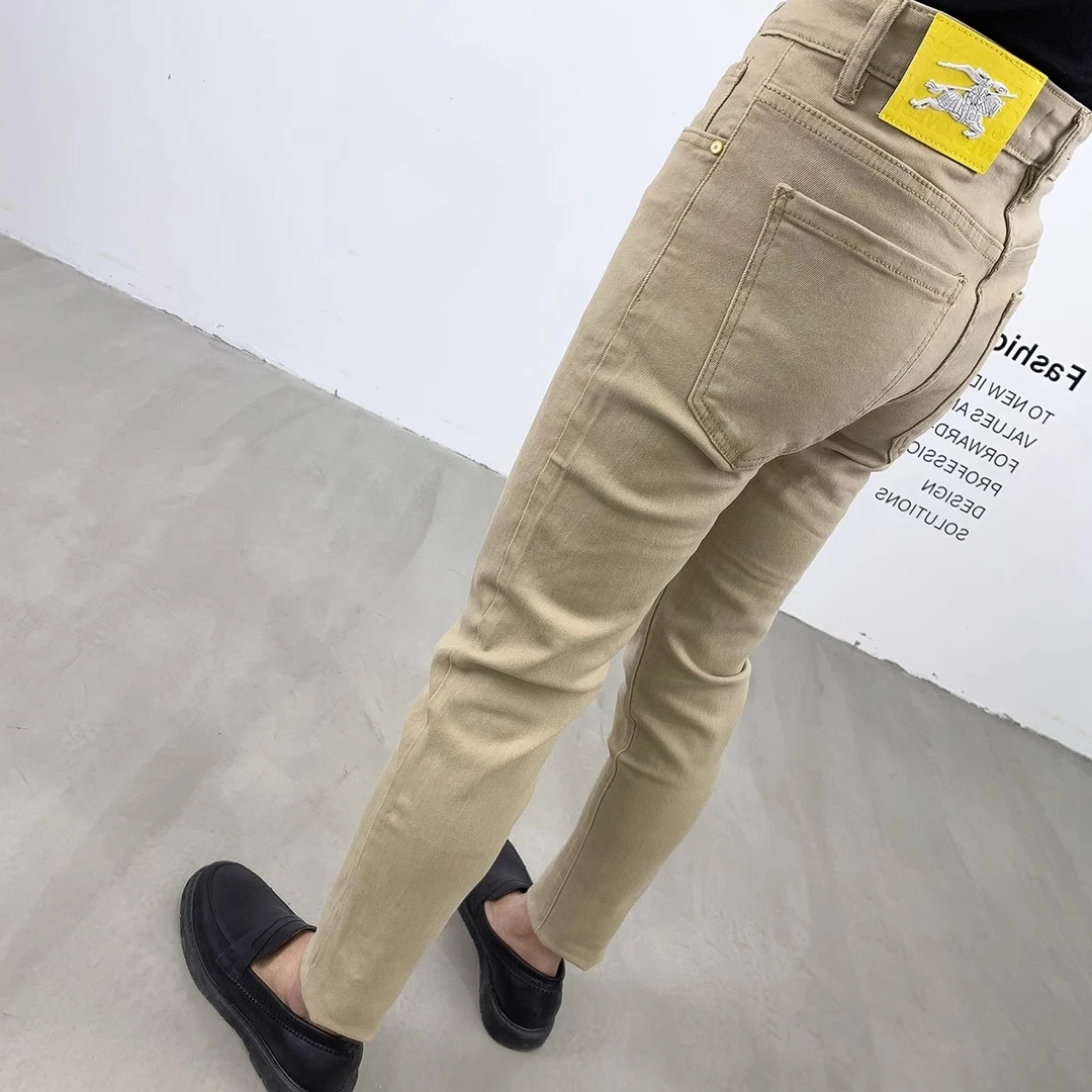 2023新款秋季弹力青年休闲九分牛仔裤男修身小脚裤卡其色长裤百搭