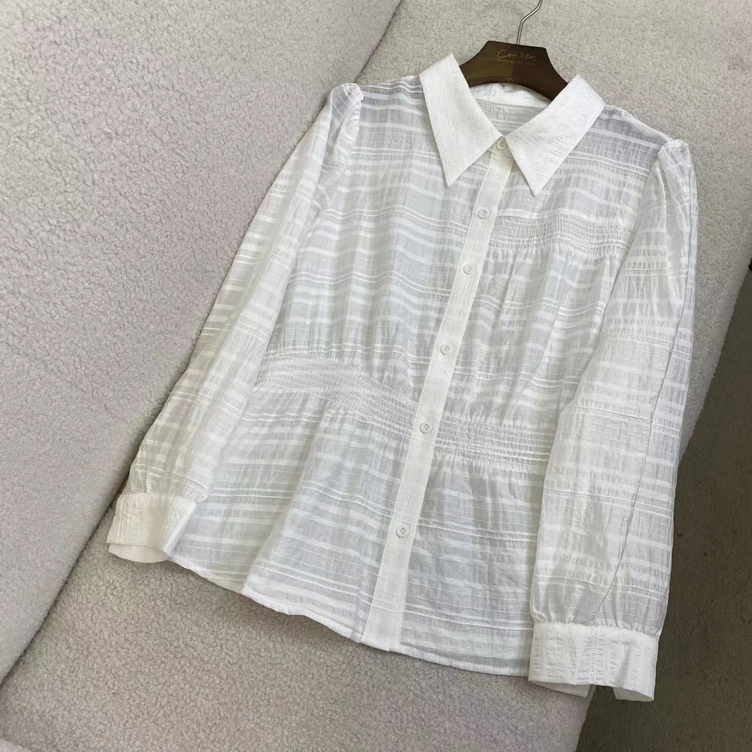 春季新款设计感气质别致褶皱条纹长袖衬衫 C3632