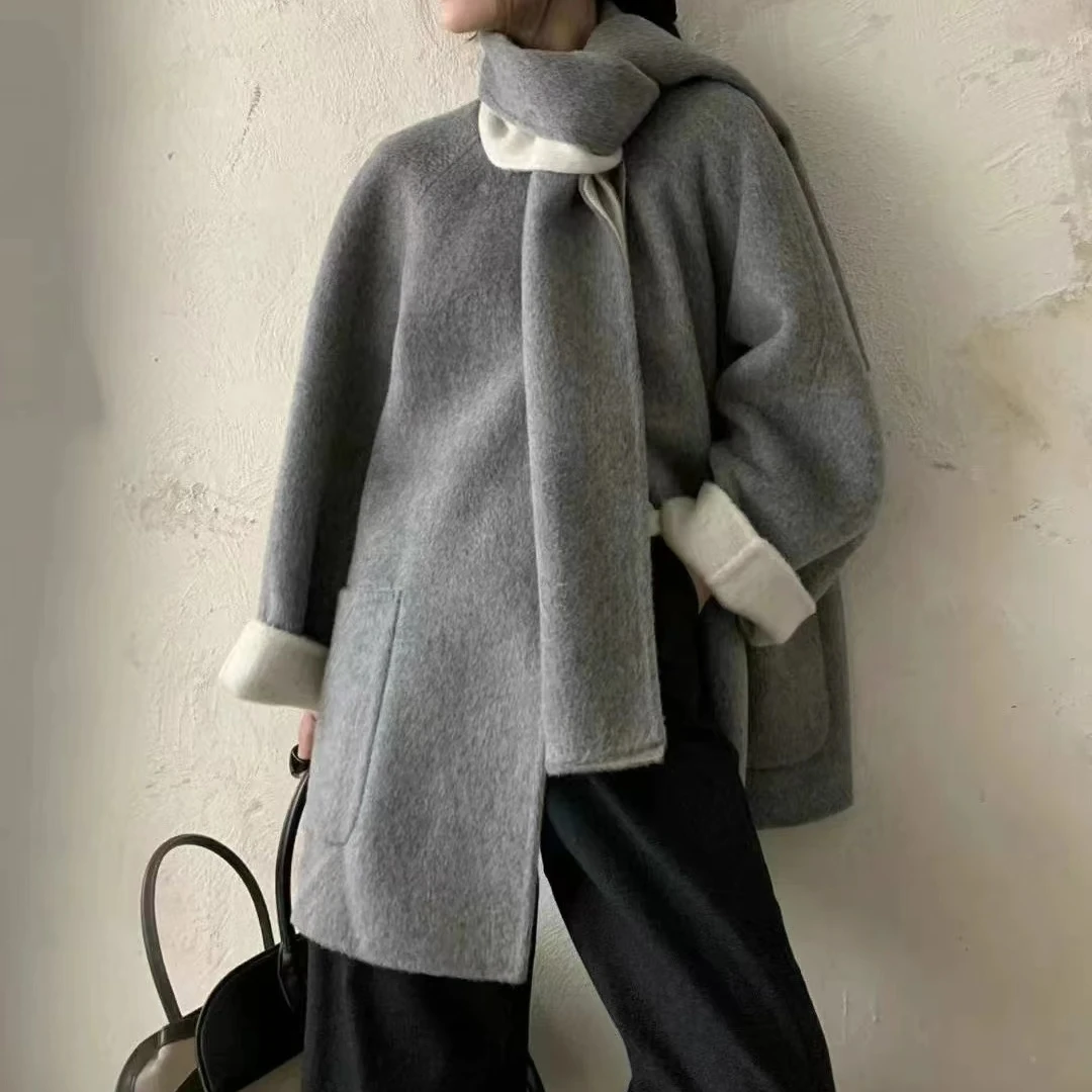 秋冬气质高级感简约百搭AB面围脖款拼色大衣 h553