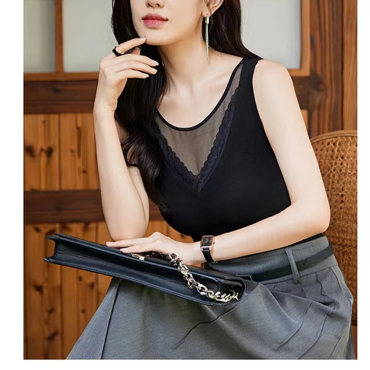 秋冬季新款百搭双睫毛花边带胸垫背心 H1663