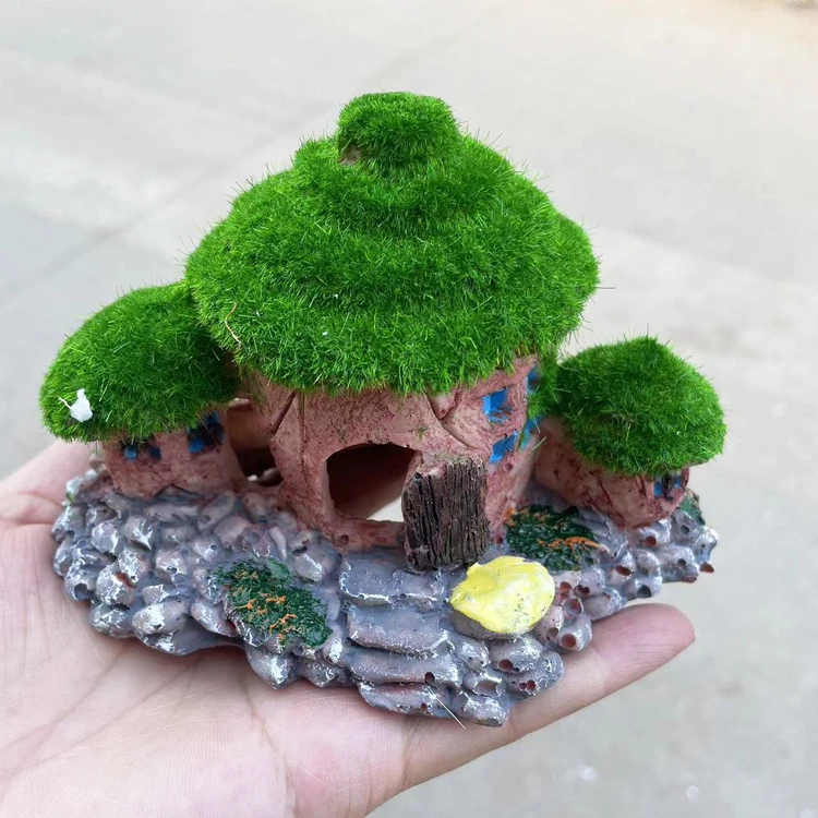 鱼缸造景假山装饰树脂植绒房子水族箱造景小鱼躲避假山屋子
