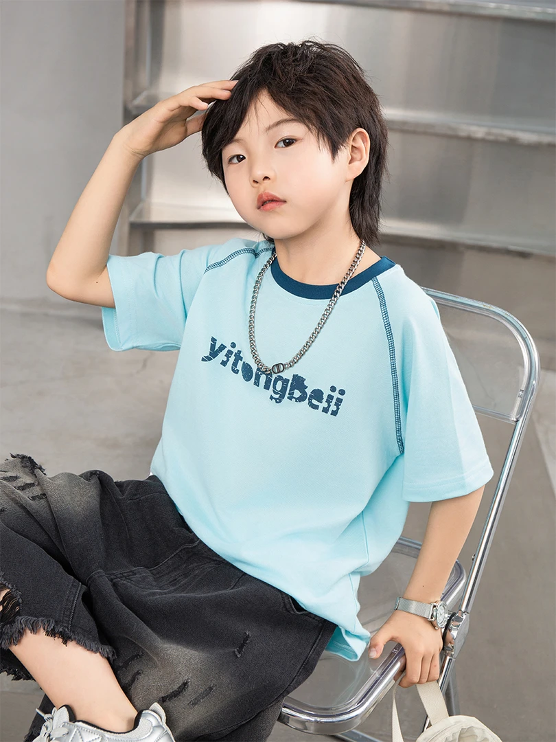 [亲子装]透气珠地半袖男女童夏装中大童印花短袖休闲宽松圆领韩版