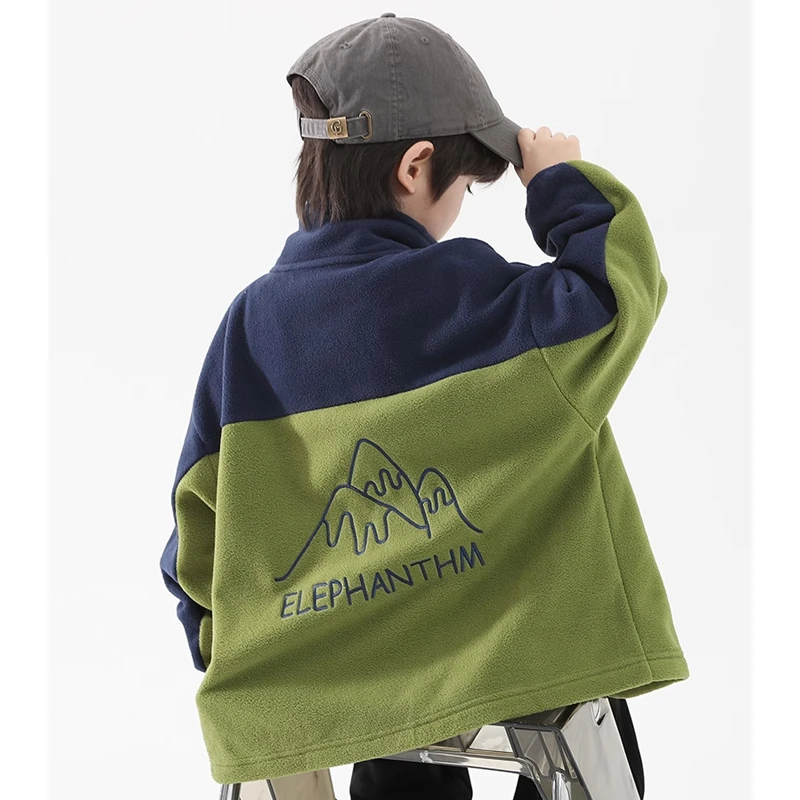 男童摇粒绒外套加绒秋装女童25新款男孩大童暖暖绒上衣中大童拼接