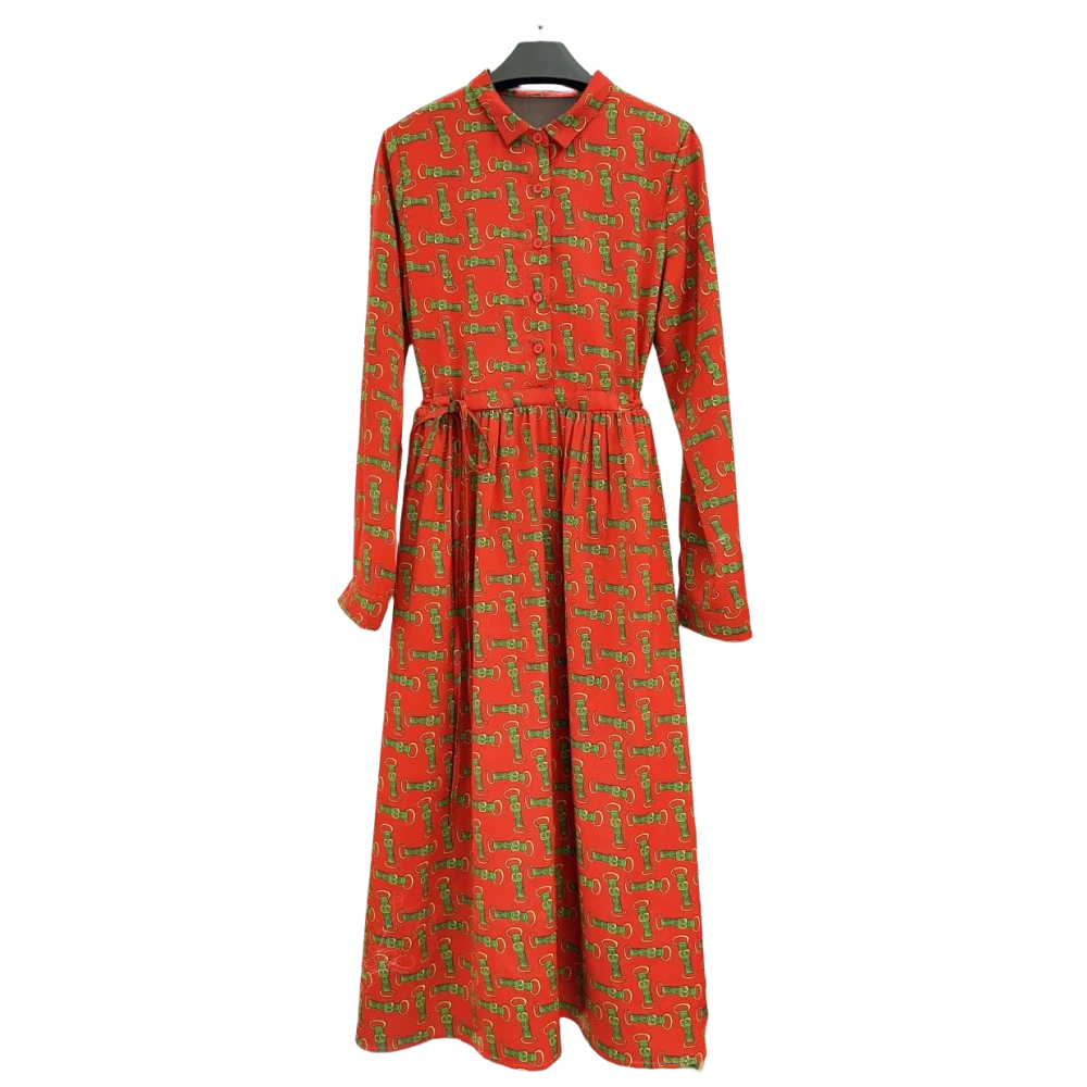 柿柿如意收腰轻熟风衬衫领法式印花连衣裙A字系带轻奢长裙8607#