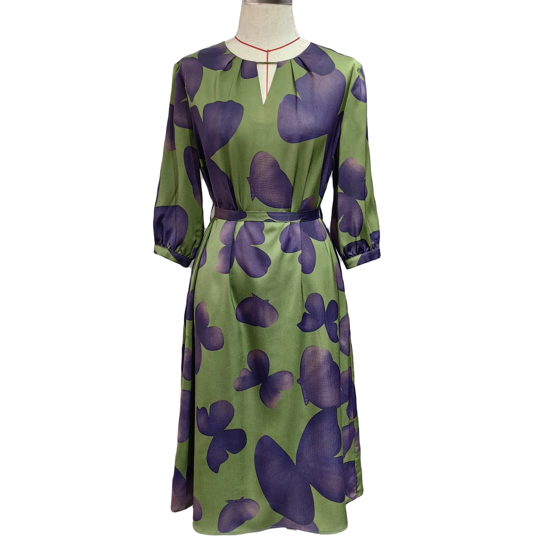 绿色收腰修身轻熟风法式印花连衣裙A字系带轻奢显瘦气质长裙8608#