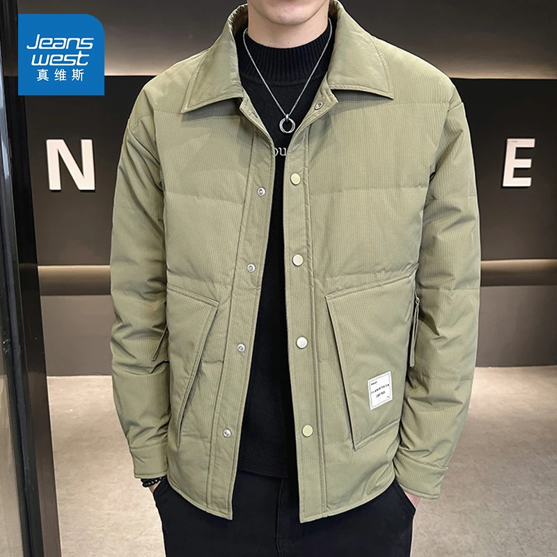 真维斯衬衫领羽绒服男轻薄短款2023新款秋冬季保暖翻领夹克外套男