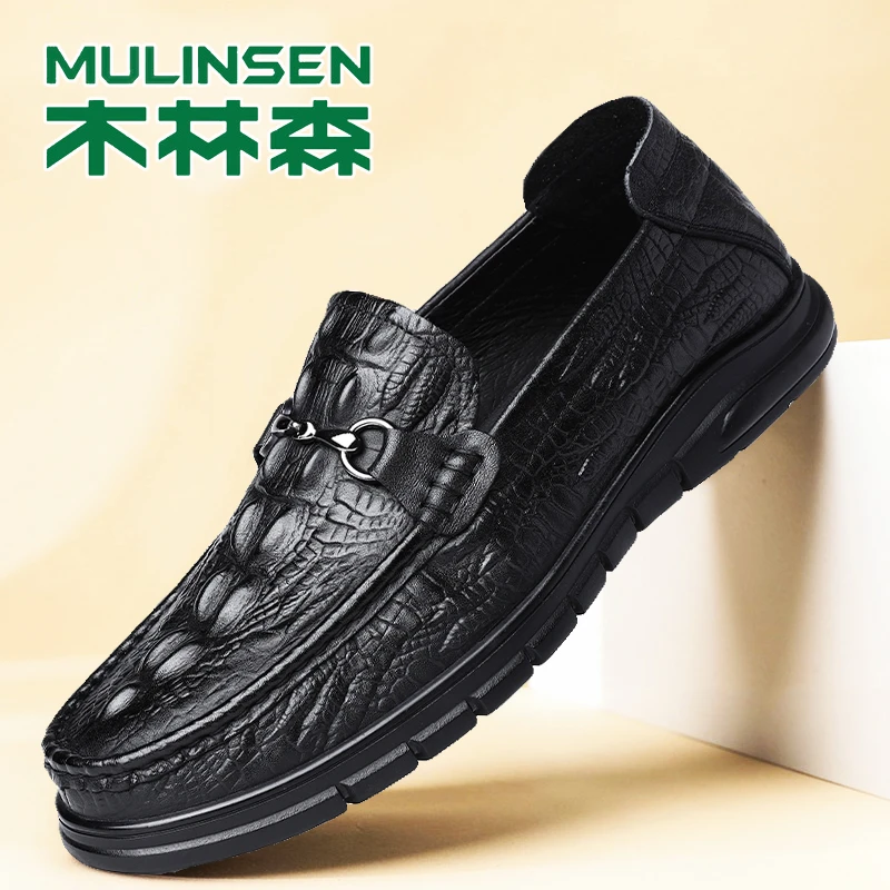 木林森真皮男鞋舒适轻便休闲驾车鞋鳄鱼纹潮流皮鞋套脚防滑豆豆鞋
