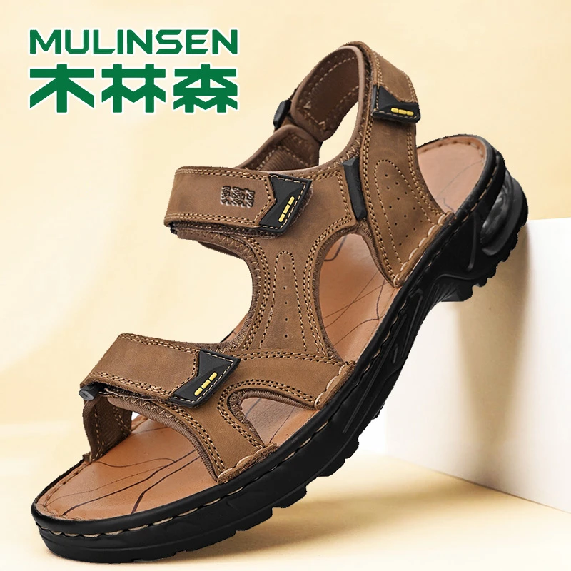木林森夏季外穿真皮凉鞋透气百搭休闲男士镂空露趾软底防滑沙滩鞋