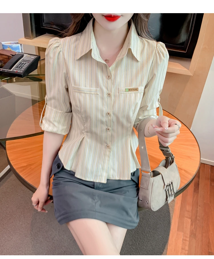春秋条纹衬衫女2024新款女装修身短款洋气卡腰衬衣气质长袖上衣