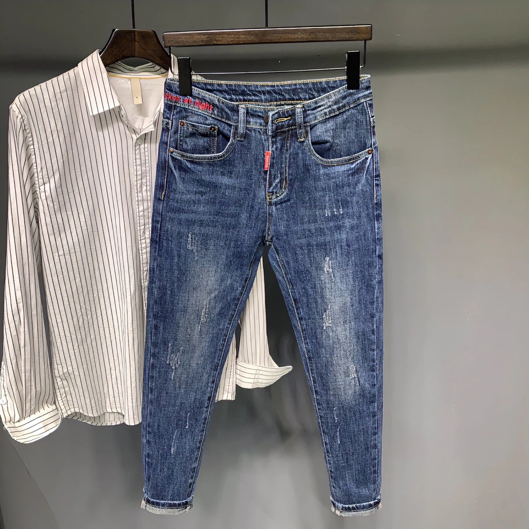 高档九分牛仔裤男秋季潮牌水洗新款修身小脚潮流韩版百搭网红长裤