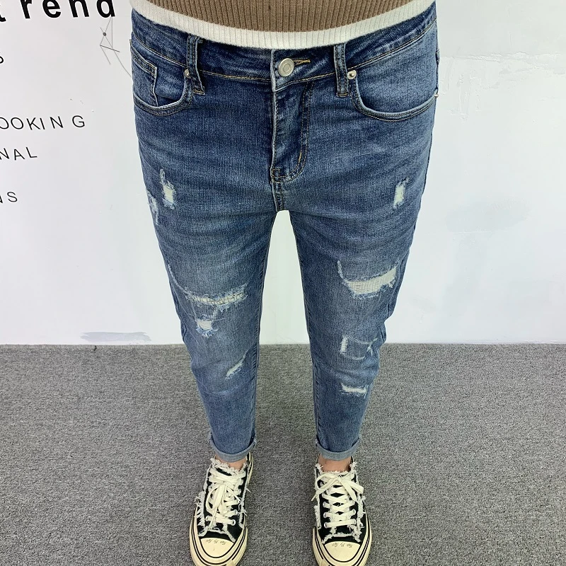 九分破洞牛仔裤男秋冬新款韩版修身痞帅小脚裤复古浅蓝色休闲裤潮