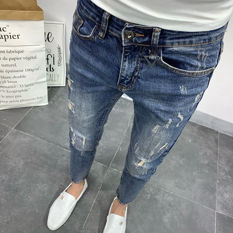 破洞牛仔裤男秋季爆款潮牌休闲百搭韩版乞丐裤小脚潮流水洗九分裤