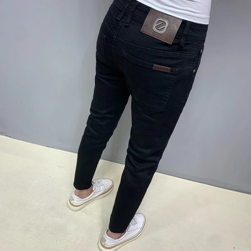 纯黑色牛仔裤男秋季休闲弹力简约百搭修身显瘦小脚高端潮牌九分裤