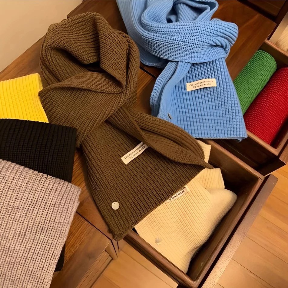 绵羊毛进口贝壳扣围巾针织毛线纯色情侣围巾新款加厚保暖秋冬围脖