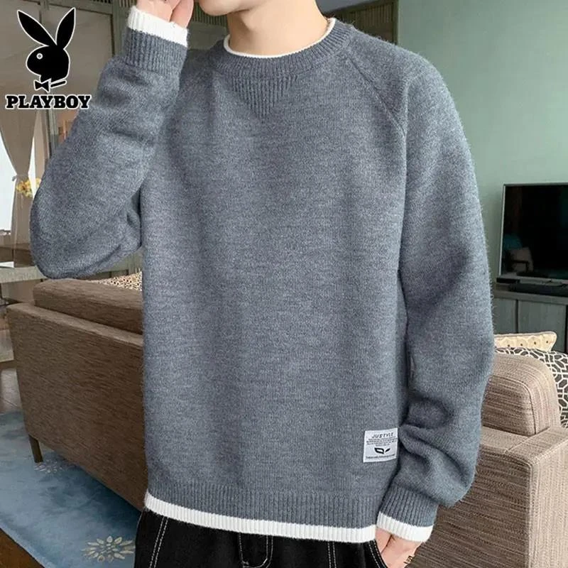 PLAYBOY圆领男士毛衣慵懒风潮牌韩系加厚针织打底衫男款冬季线衣