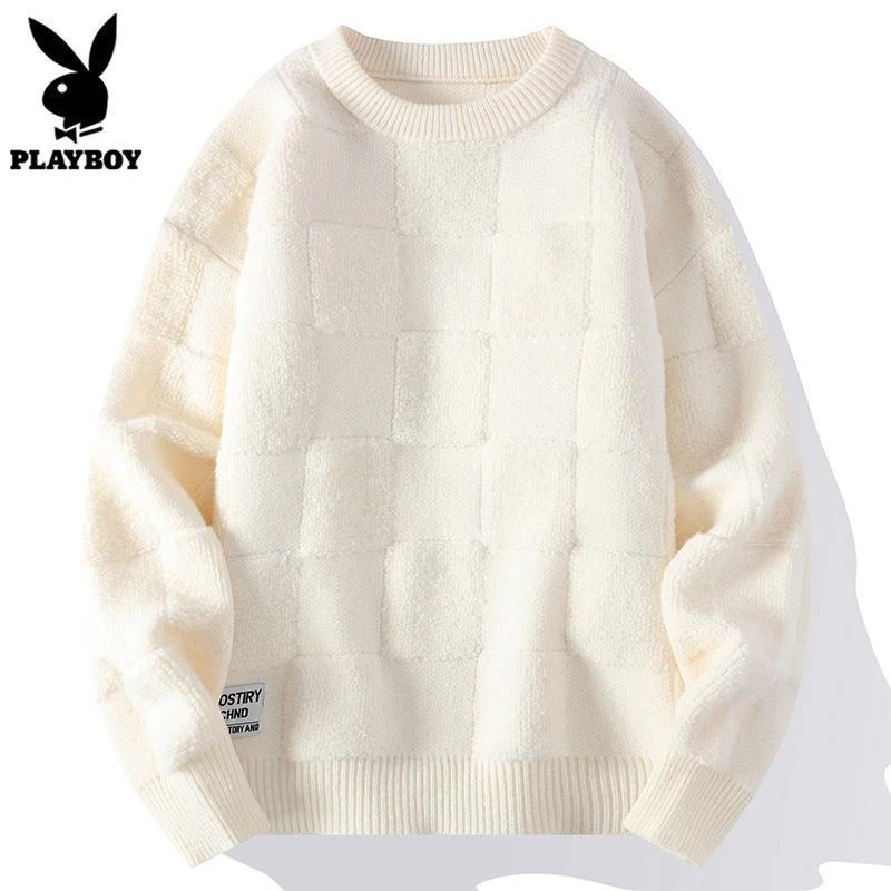 PLAYBOY潮流男士毛衣秋冬季韩版格子绿色线衣打底针织衫男装冬款