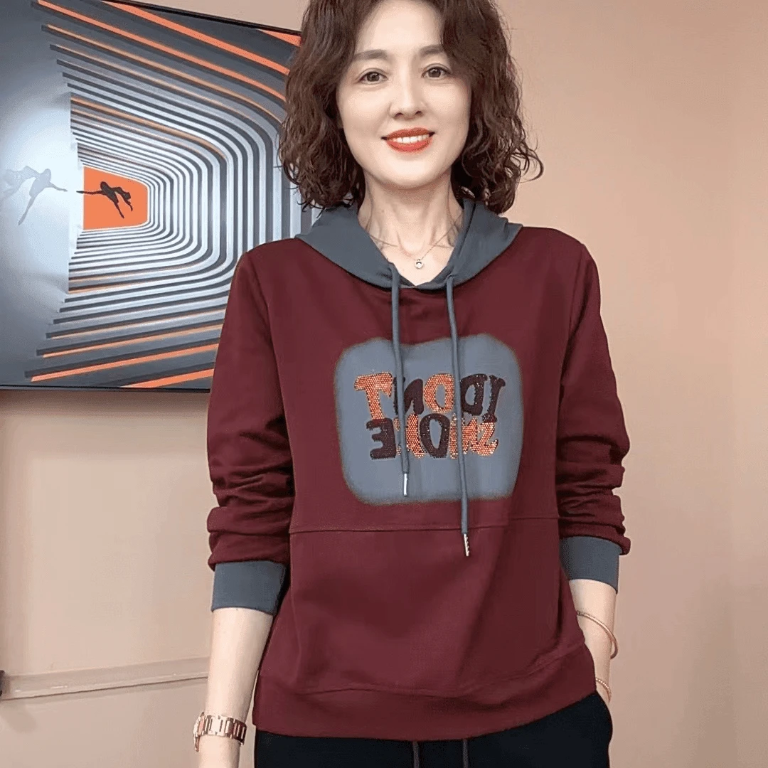 秋季时尚连帽T恤字母烫钻印花百搭显瘦洋气减龄休闲卫衣