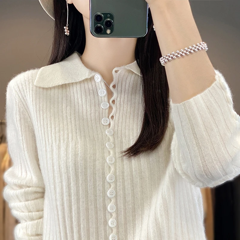 秋冬新款100纯羊毛开衫女翻领纯色抽条宽松外套针织衫上衣百搭