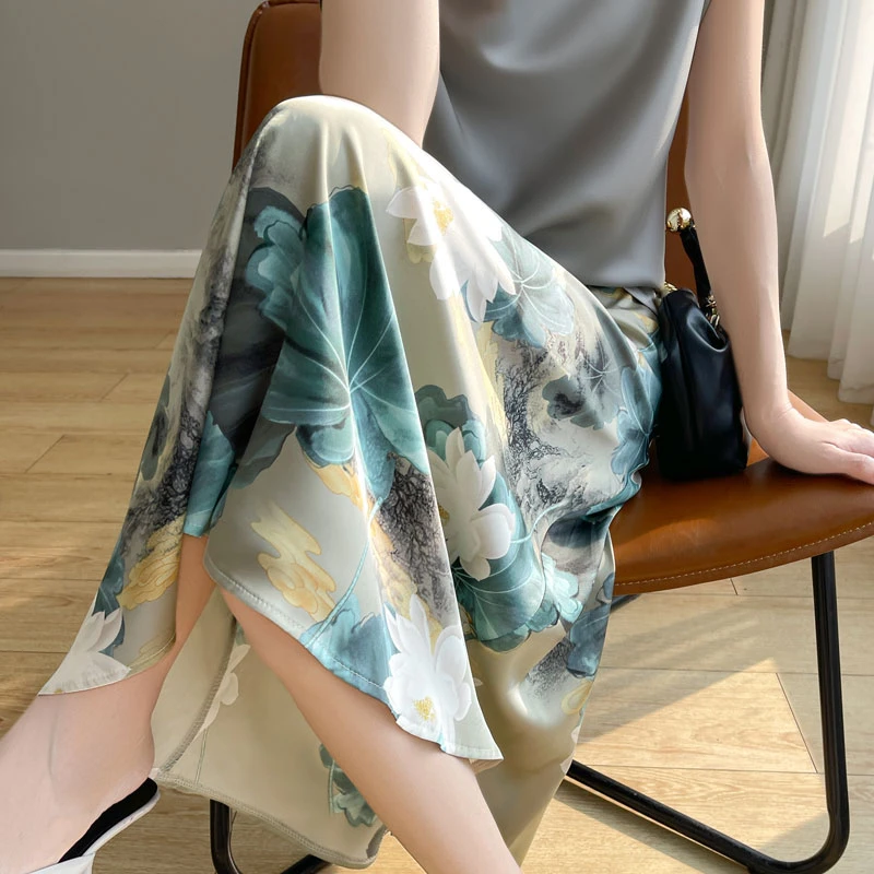 夏季新款女高腰缎面印花半身裙油墨碎花百搭气质复古中长款大码