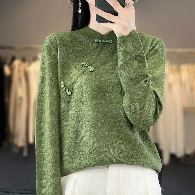 新中式旗袍女立体浮雕钩花蕾丝显瘦针织衫毛衣宽松中国风复古秋冬