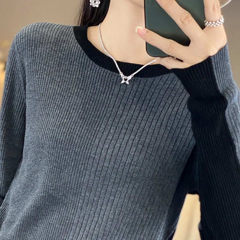 秋冬新款女圆领纯羊毛衫两面可穿抽条修身针织衫长袖百搭气质洋气