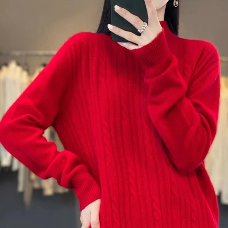 一线成衣纯羊毛衫女半高领麻花针织羊毛衫宽松套头毛衣显瘦打底衫