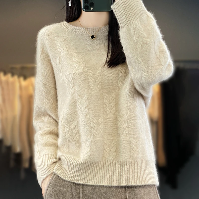 秋冬新款女纯羊毛圆领落肩宽松针织衫百搭加厚时尚长袖慵懒韩版