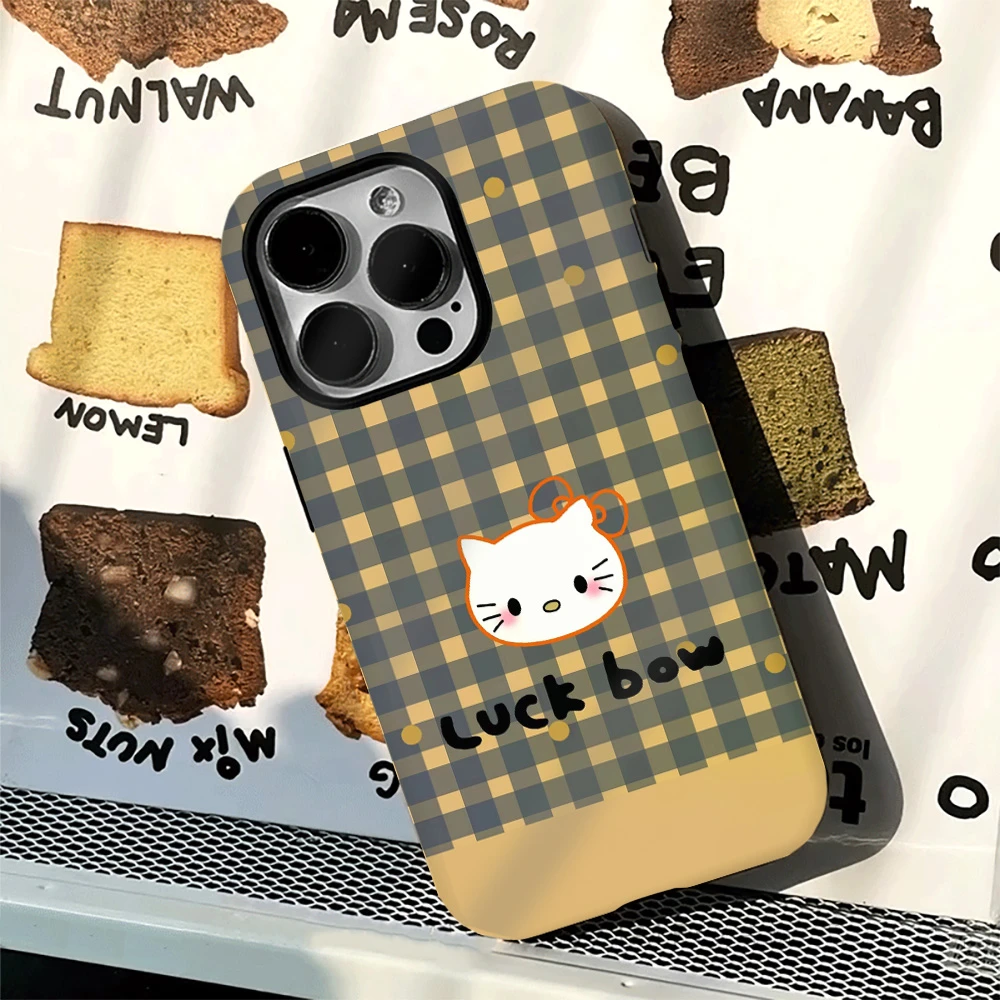 格子凯蒂猫菲林二合一磨砂手机防摔套保护壳情侣款手机壳高级感