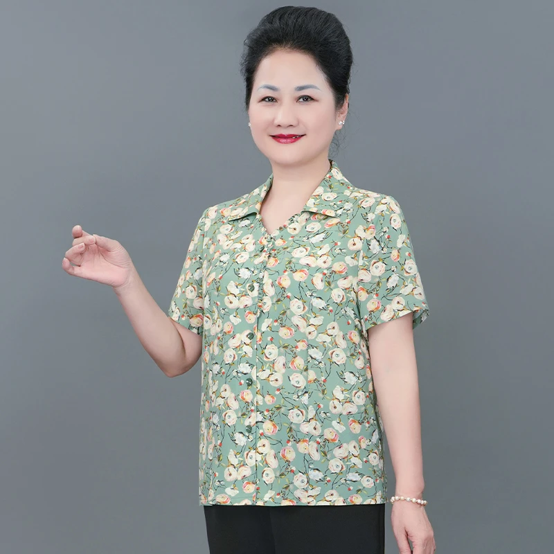 雅鹿中老年女装夏季洋气大码妈妈装宽松显瘦短袖衬衫女B0685