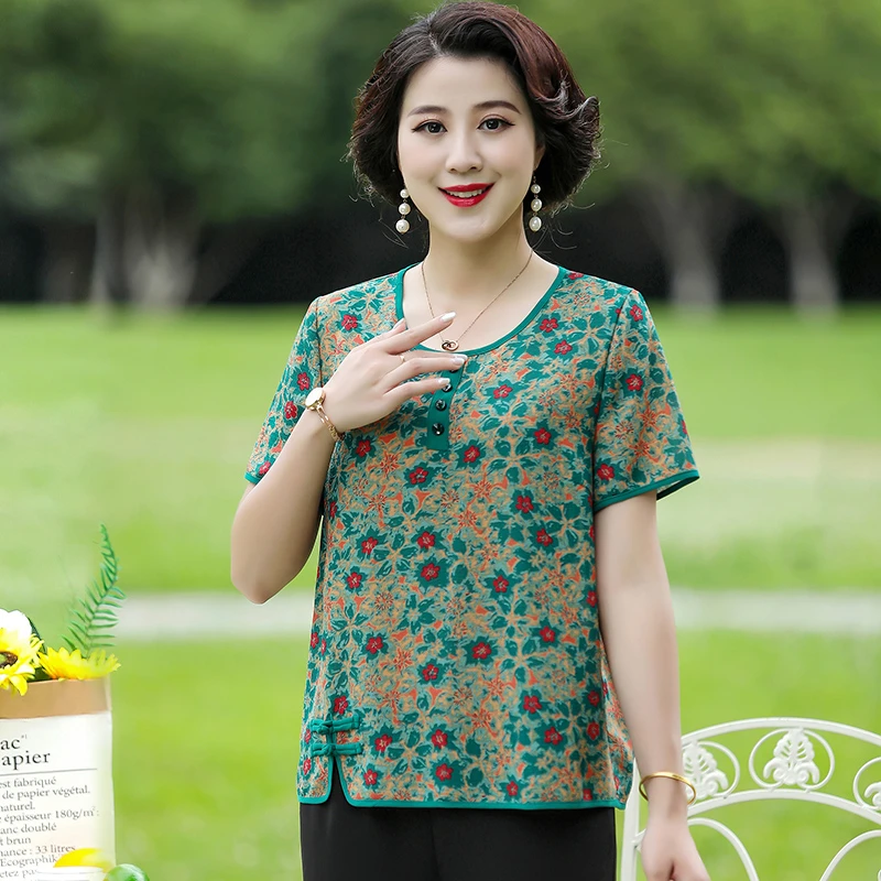 雅鹿中老年女装胖妈妈加肥加大码中袖衬衫短袖上衣服B3681