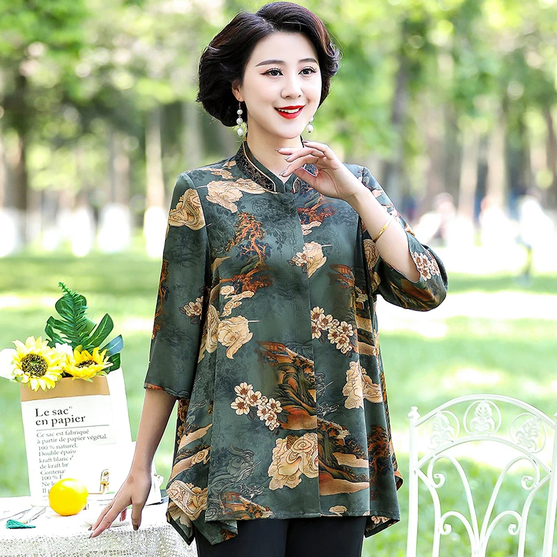 雅鹿早秋中老年女装胖妈妈中袖衬衫夏季短袖上衣服B3595B