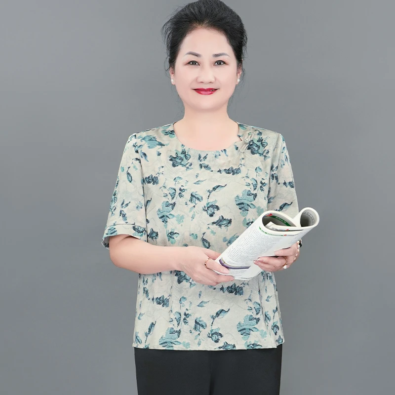 雅鹿夏新款高贵洋气胖妈妈大码衬衫上衣字母烫金衬衣B0698