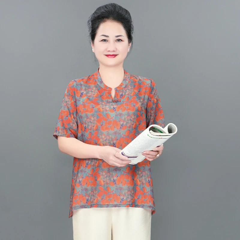 雅鹿胖妈妈夏装大码新中式高贵洋气宽松小衫B0709
