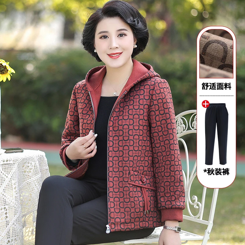 雅鹿中老年女装春季长袖印花拉链连帽大码妈妈装老人外套A0361