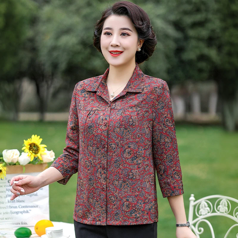 雅鹿春秋新款中老年女装洋气妈妈装休闲印花寸衫时尚B0509
