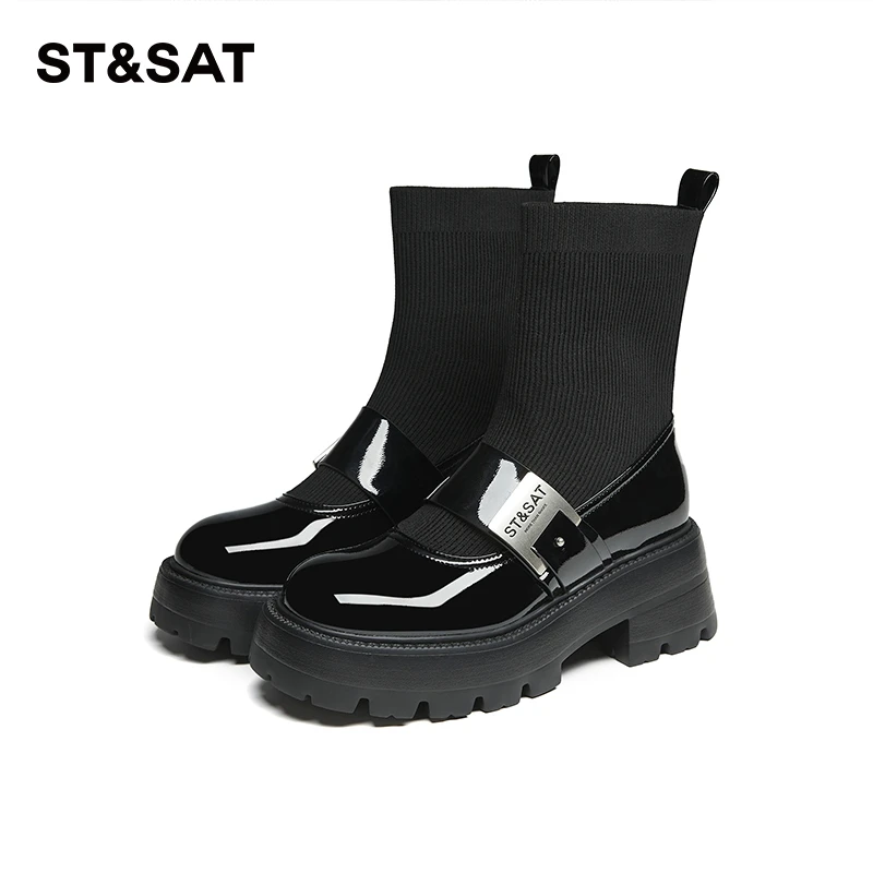 星期六真皮瘦瘦靴短靴女2023新款冬粗跟高跟弹力针织袜靴玛丽珍鞋