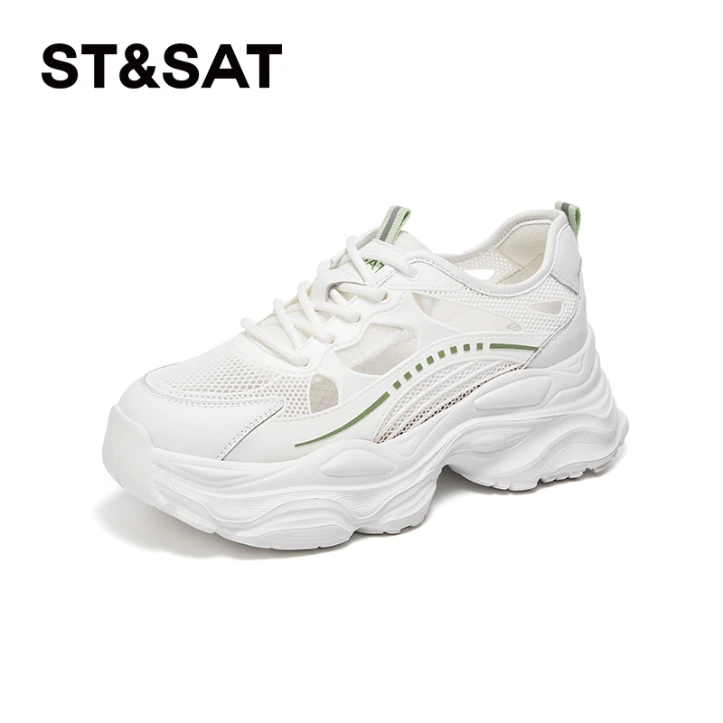 星期六白色厚底老爹鞋女2025新款夏季增高网面镂空透气薄款运动鞋