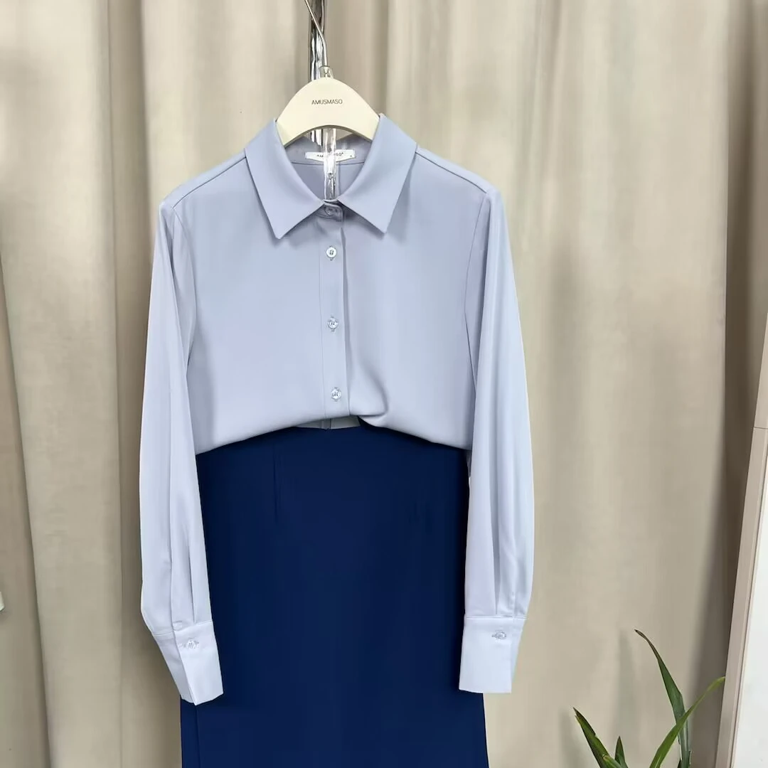 上衣衬衫衬衣女士时尚轻奢气质纯色简约小众蓝色长袖百搭休闲通勤